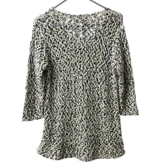 J. Jill Black White Loose Knit V-Neck 3/4 Sleeve Sweater 100% Cotton - Picture 5 of 10